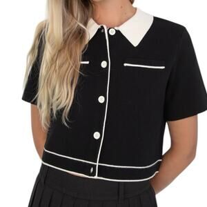 Oak + Fort Black Contrast Knit Cropped Button Front Shirt Womens Size Small